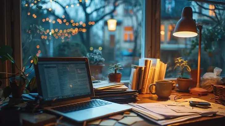 Warm and welcoming workspace with notebook and soft evening light