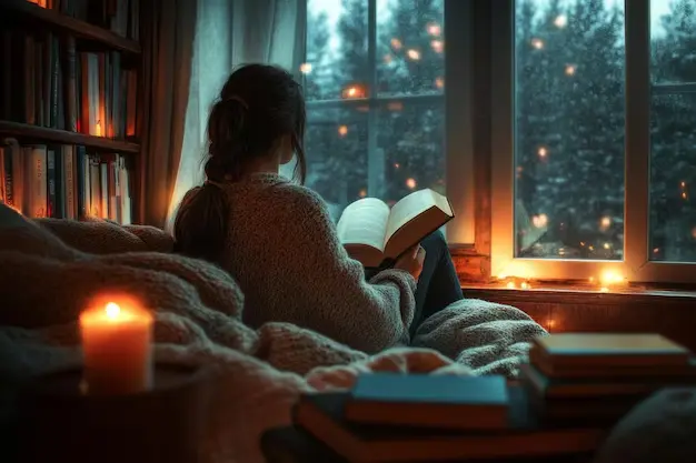 Person sitting quietly near a window during the evening with soft warm light